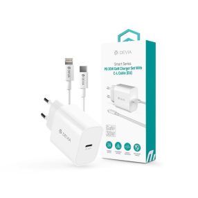   Devia Smart Series 30W GaN PD+QC hálózati gyorstöltő adapter + Type-C/Lightning kábel - fehér